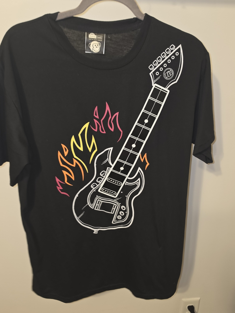 Black Short-Sleeve Guitar Graphic Tee with Neon Flame Accents